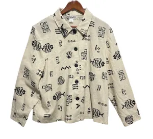 Vintage Briggs Women‎ Coastal Grandma Nautical Top 2X Beige Fish Artsy Print thumbnail 1