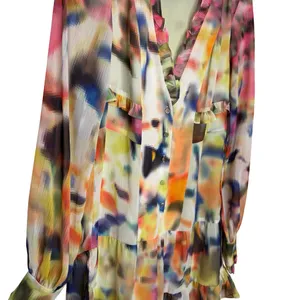 ✨🎨 ALEXIS Multicolor Abstract Ruffle Peplum V-Neck Mini‎ Dress XS 🎨✨ thumbnail 6