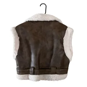 ANWND Brown Faux Shearling Moto Vest Belted Zip Sherpa Lined Women’s Size S NWT thumbnail 2