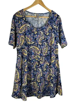 Boho Paisley Swing Dress Festival Cottagecore Soft Stretch Blue Yellow Women's L thumbnail 1