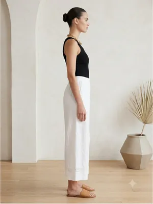 New Directions White Linen Blend Culottes Palazzo Pants Wide Leg Lace Trim Med M thumbnail 2