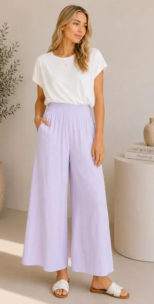 HYFVE Lavender Wide-Leg Smocked Waist Pants Pockets M thumbnail 1