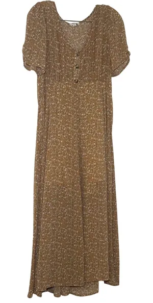 Umgee Mustard Floral V-Neck Button Front Midi Dress Puff Sleeve Size M boho thumbnail 1