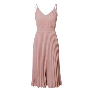 Boutique Solid Pink V-neck Pleated Spaghetti Strap Fit and Flare Knee Length Dress thumbnail 5