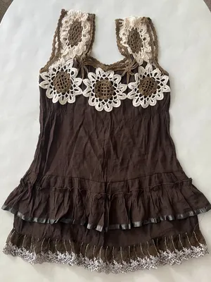 Brown Cottagecore Crochet Lace Trim 90s Vintage Brown Tiered Ruffle Tank Top M thumbnail 1