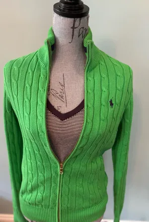 Ralph Lauren Green Cable-Knit Zip Cardigan thumbnail 1