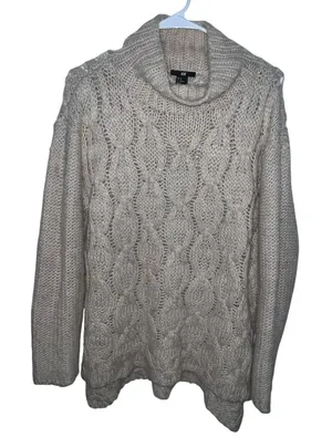 H&M Pullover Sweater Cable Knit High Collar Wool‎ Alpaca Blend Beige Size Medium thumbnail 1