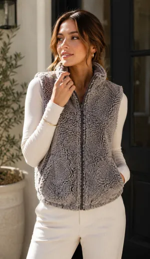 Harper Heritage Sherpa Fleece Vest Gray Snap Front Zip Pocket Cozy Size Small thumbnail 1