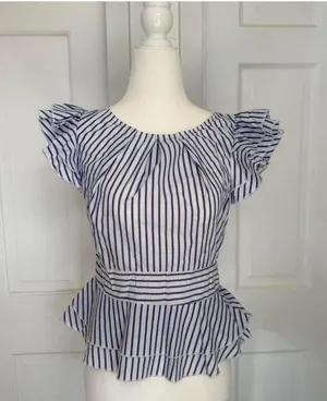 Blue White Striped Ruffle Peplum Blouse | Flutter Sleeve Top | Size S thumbnail 1