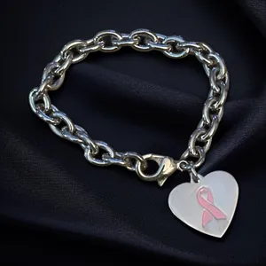 Silver tone breast cancer awareness ribbon heart charm bracelet thumbnail 1