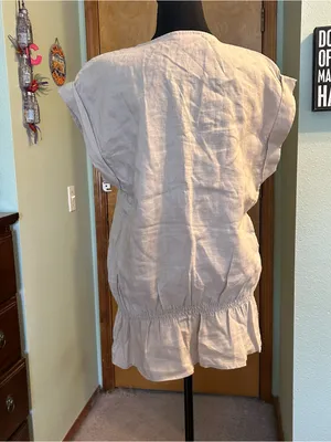Sunny Leigh tan linen v-neck tunic drop waist peplum size L coastal boho casual thumbnail 3