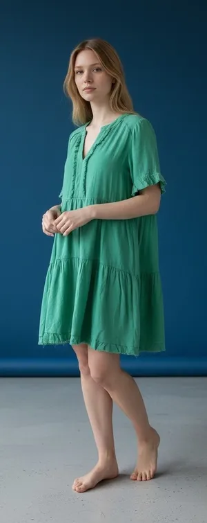 Umgee Green Tiered Frayed Hem V‎ Neck Short Sleeve Casual Dress Size Medium thumbnail 1