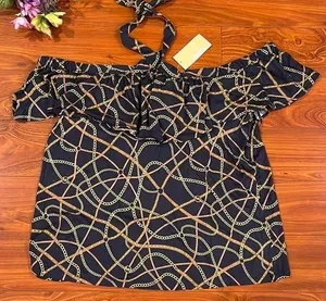 Michael Kors Blue Halter Tie Off the Shoulder Ruffle Blouse XL thumbnail 1