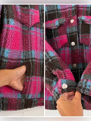 APPARIS Women XS Plaid Sherpa Teddy Trucker Jacket Pink Blue Faux Shearling thumbnail 7
