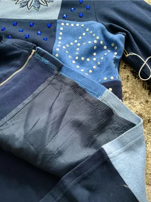Essentials Navy and Light Blue Patchwork Embellished Zip Jacket Size 1X thumbnail 11