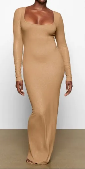 Skims Soft Lounge Shimmer Long Sleeve Maxi Dress in Camel thumbnail 1