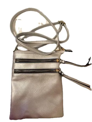 Silver Metallic Crossbody Bag Adjustable Strap Zipper Accents for Women thumbnail 3