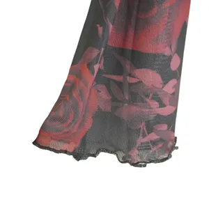Cosmic Aura Red Rose Floral Mesh Crop Top Lace Trim Bell Sleeve Y2K Gothic Sheer thumbnail 4