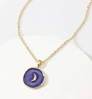 Purple Cresent Moon Charm Necklace Gold Chain w/ Celestial Pendant, Sun Stars thumbnail 1
