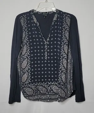 Lucky Brand long sleeve blue half button down boho paisley top size Medium thumbnail 1