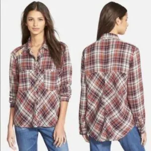 Free People Plaid Lace Gauzy Flannel Snap Button S‎ thumbnail 2