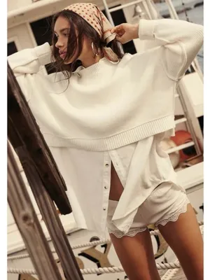 Free People Easy Street Crop Pullover Sweater in White Size Medium Preppy Fall thumbnail 1