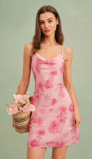 Rihoas Pink Floral Cowl Neck Slip Mini Dress thumbnail 1