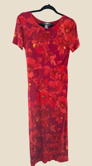 Saint Tropez Vintage Y2k Fall Red Floral Maxi Dress Short Sleeve Scoop Neck 4 thumbnail 1