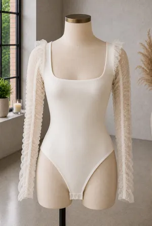 Free People Must Be Love Tulle Trim Long Sleeve Bodysuit Ivory M thumbnail 1
