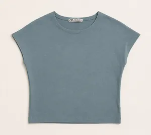 Zara Blue Green Cap Sleeve Baby Tee Stretch Cotton Modal Top Size M thumbnail 1
