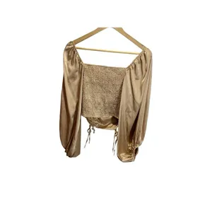 Idem Ditto Boutique Gold Smocked Ruffle‎ Blouse size M Bell Sleeve Retro Cropped thumbnail 2