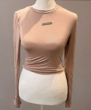 Shein Women's Beige Long‎ Sleeve Blouse S Crew Neck Casual Top thumbnail 1