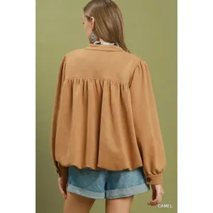 Umgee Suede Button Front Balloon Sleeve Jacket - Camel - Small thumbnail 3