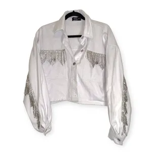 White Fox Women's M/L White Denim Rhinestone Fringe Cropped Western Jacket thumbnail 2