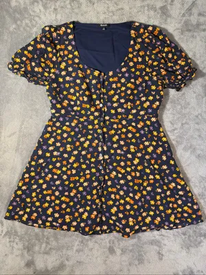 Madewell Sz 14 Navy Floral Button Front Puff Sleeve Mini Dress Cottagecore Boho thumbnail 2