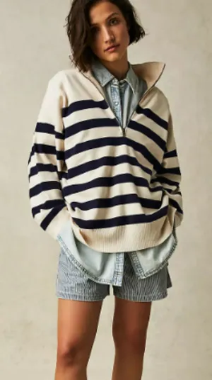 Free People Coastal Stripe Pullover Champagne Navy Combo Large thumbnail 1