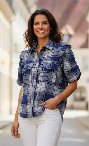 Pilcro Anthropologie Plaid Puff Short Sleeve Blouse thumbnail 1