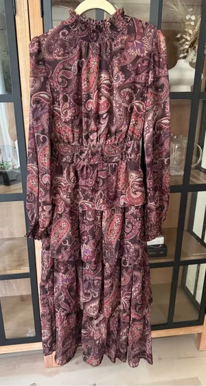Lulus Long sleeve maxi dress tiered ruffle smocked mock neck paisley print stretchy thumbnail 1