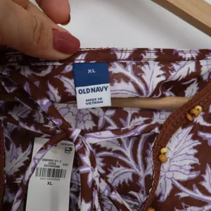 Old Navy Top Womens XL Floral Tassel Split Neck Brown Purple Boho New thumbnail 2