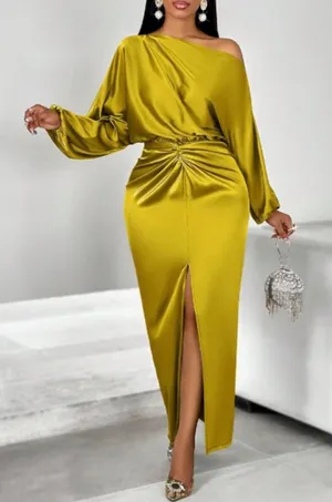 NEW Satin 1 Shoulder Twist Front Tie Split Thigh Bodycon Dress 6/M thumbnail 1