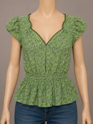 Max Studio Green Floral Peplum Top V-Neck Puff Sleeve XS thumbnail 1