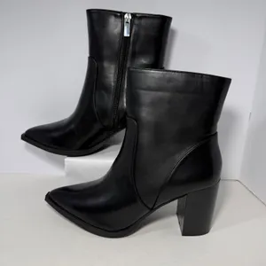 Womens Black Faux Leather Pointed Toe Block Heel‎ Ankle Boots Sz 9 Zipper Bootie thumbnail 3