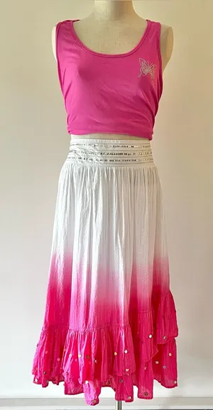 Y2K Pink Ombre Tiered Skirt White to Hot Pink dip dye with mirror sequins thumbnail 1
