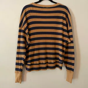 Offline Aerie Brown Blue Stripe Thermal Waffle Knit Long Sleeve Loungewear Small thumbnail 5