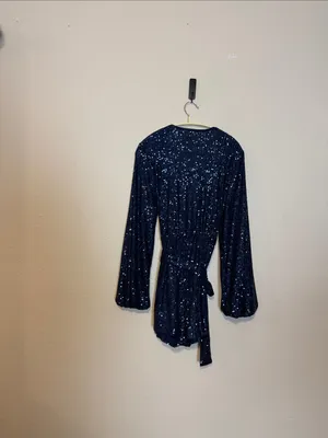 Free People Christa Long Sleeve‎ Sequin Romper Navy Blue Size XS thumbnail 7