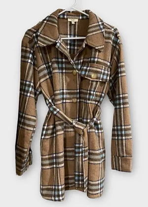 Kori America Plaid Shirt Jacket Shacket Belted Coat Size Medium thumbnail 1