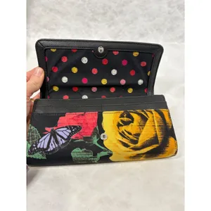 Vera Bradley Leather Floral Canvas Trifold Wallet Black Butterfly Polka‎ Dot thumbnail 5