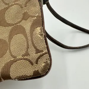 Coach Signature Jacquard Wristlet Khaki Brown Canvas Leather Trim Logo Plaque thumbnail 4
