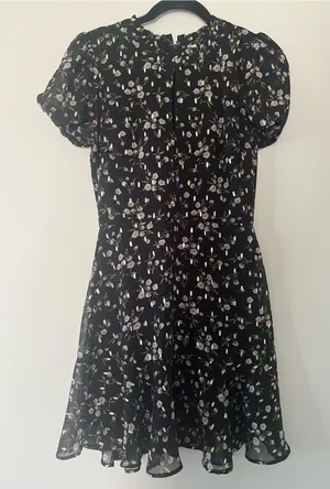 Black Pink Dainty Floral Chiffon Puff Sleeve Mini Dress Small Romantic Tea Party thumbnail 1