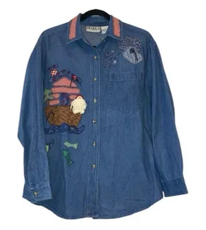 Vintage Santa Claus Embroidered Denim Button-Down Whimsical Folk‎ Art Haiks Med thumbnail 1